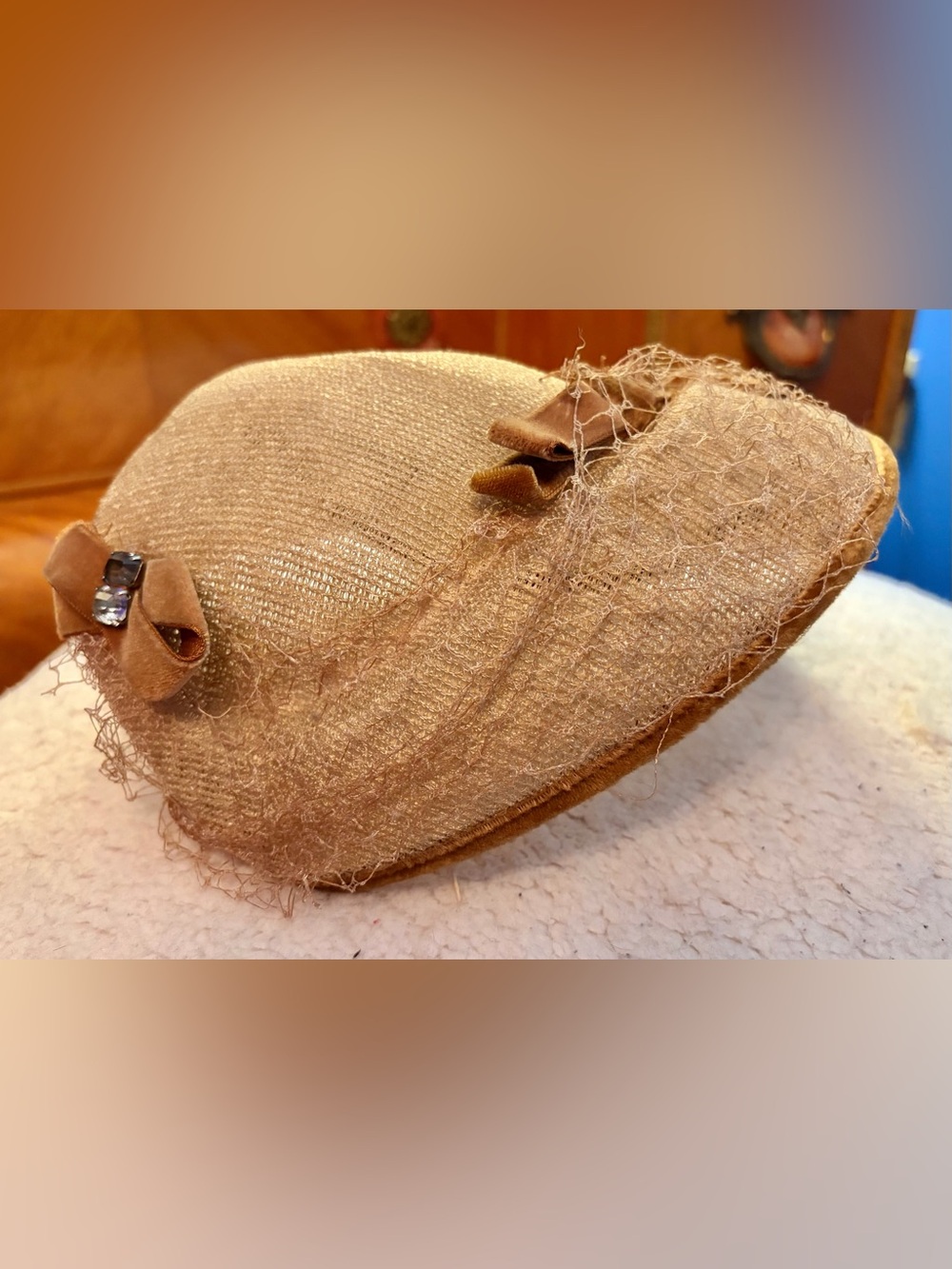 Vintage 1950s Beige & Brown Woven Cap Hat Rhinestones & Netting & Bows